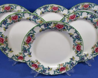 Royal Doulton Floradora Green Fine China 1980's: 6 Salad Plates