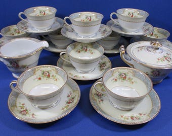 Noritake M China Bluedawn #622 Pattern Made in Occupied Japan Circa. 1940's: 10 Cups, 10 Saucers, Sugar Bowl with Lid, Creamer