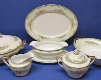 Noritake M China Ivanhoe Pattern Circa. 1918: Covered Vegetable Bowl, Oval Serving Bowl, Gravy Boat, Platter, Sugar & Creamer