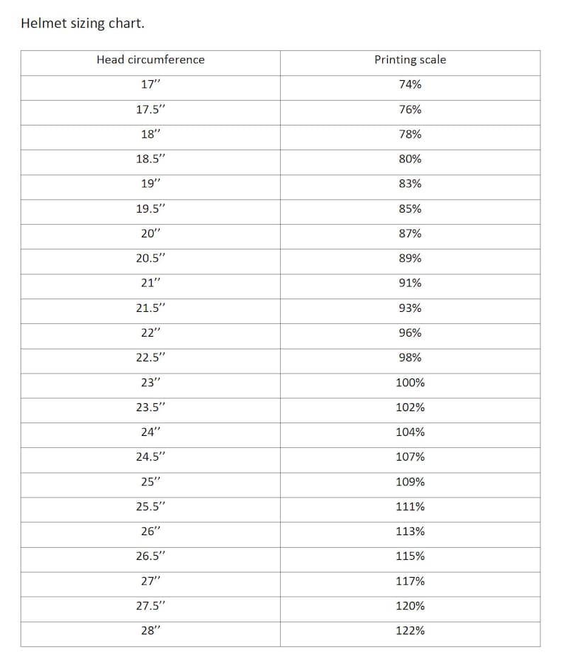 May include: A chart showing helmet sizing based on head circumference in inches and the corresponding printing scale percentage.