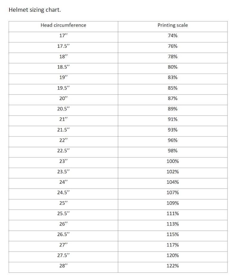 May include: A black and white helmet sizing chart table with two columns titled Head circumference and Printing scale. The table lists head measurements in inches from 17 to 28 and corresponding printing scale percentages from 74% to 122%.