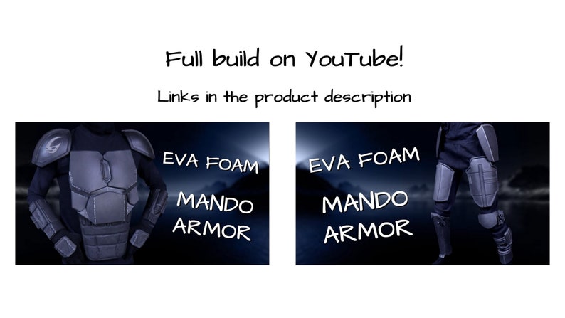 Puede incluir: Imagen de armadura Mando de espuma EVA. La imagen incluye dos secciones, una que muestra la armadura del pecho y los hombros, y la otra que muestra la armadura de las piernas. El texto en la imagen dice: "Full build on YouTube! Enlaces en la descripci&oacute;n del producto."