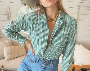 Vintage Green gingham print Cotton Blouse by LL BEAN
