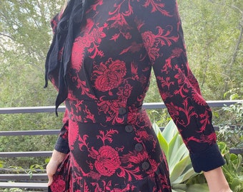 Vintage 80’s Cottage Core Black and Red Floral Paisley Print Dress