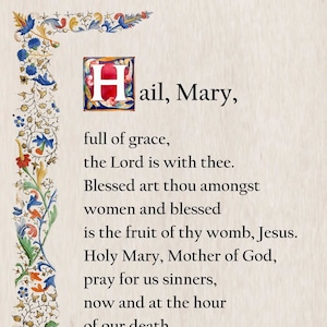 Wees gegroet heilig gebed, katholieke gebedskaart, gebed van de Maagd Maria, christelijk decor, populaire katholieke gebeden, traditionele gebedskaarten