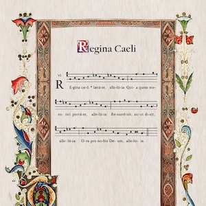 Puede incluir: Una ilustración vintage de una partitura musical con bordes florales ornamentados. El texto "Regina Caeli" está en la parte superior de la página. La partitura musical incluye el texto latino "E-gína cæ-li lætá-re, alle-lú-ia: Qui a quem me-ru- ísti portá-re, alle-lú-ia: Re-surré-xit, sic-ut di-xit, alle-lú-ia: O-ra pro no-bis De- um, alle-lú- ia."