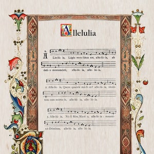 Puede incluir: Una ilustración vintage de una partitura musical con la palabra "Allelulia" en la parte superior. La partitura está escrita en tinta negra sobre un fondo crema y presenta un borde decorativo con motivos florales en rojo, azul y verde.
