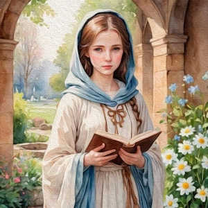 May include: A woman in a long, white dress with a blue hooded cloak is standing in a garden setting. She is holding a brown book in her hands. The woman has long brown hair and blue eyes. The background is a stone archway and lush greenery.