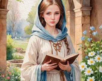 May include: A woman in a long, white dress with a blue hooded cloak is standing in a garden setting. She is holding a brown book in her hands. The woman has long brown hair and blue eyes. The background is a stone archway and lush greenery.