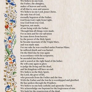 May include: A decorative page from the Nicene Creed, featuring ornate floral and foliate borders in blue, orange, and green. The text is in a classic serif font, with the word "Amen" at the bottom.