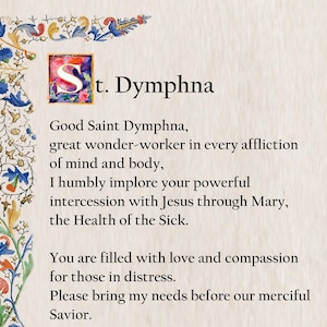 St. Dymphna prayer, Catholic prayer card, printable A4, Christian decor, Popular Catholic Prayers, Traditional Prayer Cards