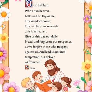 Puede incluir: Una ilustración de Jesús leyendo el Padrenuestro a un grupo de niños. La imagen está rodeada por un marco de flores rosas y blancas.