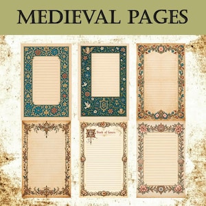 Op de afbeelding: Zes afdrukbare pagina's met middeleeuwse randen. Elke pagina heeft een lege ruimte om te schrijven of te tekenen. De randen bevatten bloemmotieven en geometrische ontwerpen in tinten blauw, groen, rood en goud.