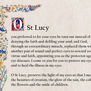 May include: A decorative page with the text "St Lucy" and a prayer. The page has an ornate floral border in blue, red, and yellow. The letter "O" is in a red square.