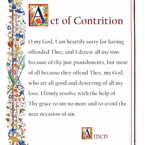 Acte de constriction, carte de prière catholique, A4 imprimable, art mural, décor chrétien, prières catholiques populaires, cartes de prière traditionnelles
