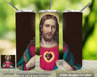 20oz 30oz Tumbler Sublimation Wrap, Christian Tumbler, Digital Download, Virgin Mary tumbler, Christ Cross Skinny, SACRED HEART TUMBLER