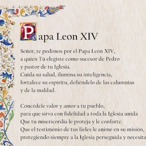 Oração ao Papa Leão XIV em ESPANHOL, cartão de oração católico, orações católicas populares, oração cristã
