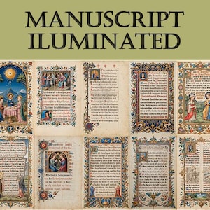 Op de afbeelding: Een collage van tien verluchte manuscriptpagina's met sierlijke randen en kleurrijke illustraties. De pagina's tonen religieuze scènes, tekst en decoratieve elementen.