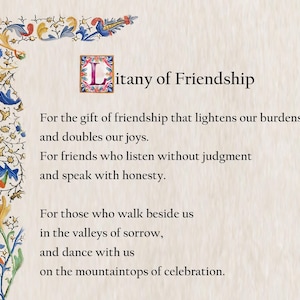 Può includere: Stampa decorativa con il testo "Litany of Friendship" in nero. La stampa presenta bordi floreali e di foglie blu, rossi, gialli e verdi. La lettera "L" è in un quadrato decorativo.