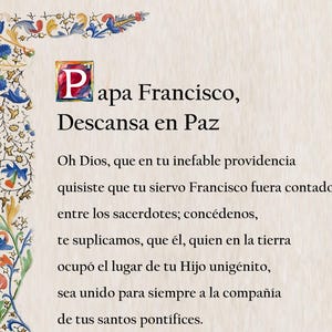 Oração do Papa Francisco em espanhol, cartão de oração católica, orações católicas populares, oração cristã, descanse em paz