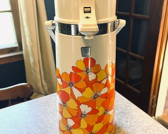 Vintage Air Pot Pump Vacuum Liquid Dispenser Hot Cold Floral Print Coffee  Juice 