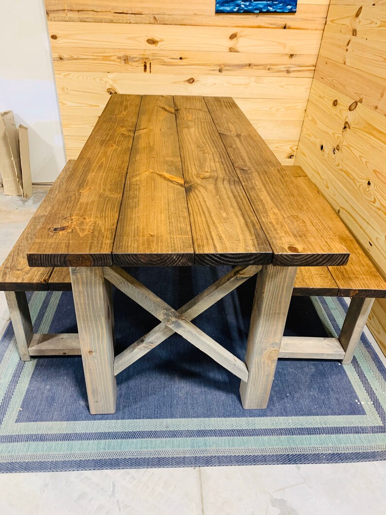 Narrow Rustic Farmhouse Table with X Accents and Benches ...