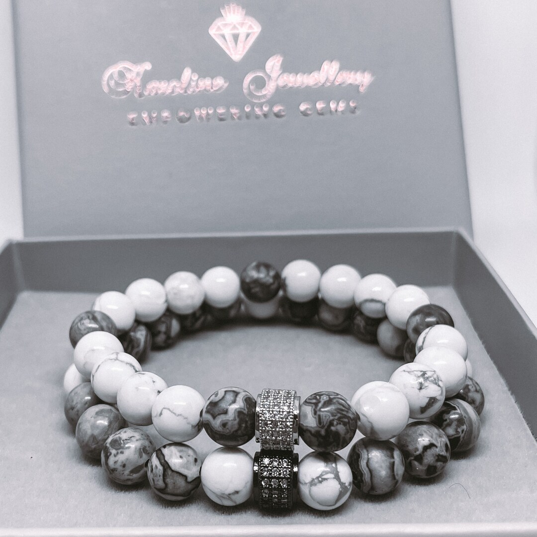 Howlite and Grey Jasper Energy Gemstone Couples Bracelet Set - Etsy