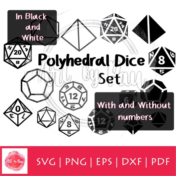 D&D Dice Set SVG PNG pdf dxf, Polyhedral Dice Bundle cut file, D20 D12 D10 dice Dungeons and Dragons Dice svg, DnD Dice with numbers svg