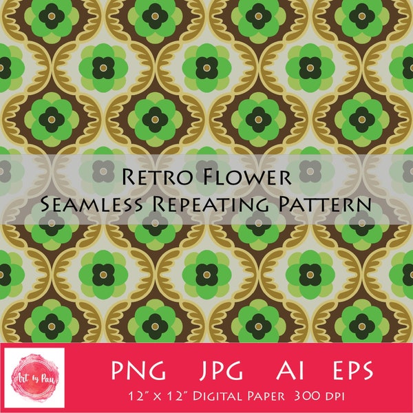 Retro Flower Pattern, 70s digital paper, Retro Seamless Pattern Vector, Retro Scrapbook seamless pattern, Mid Century 50s pattern