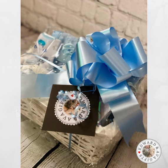 New Boy Girl Baby White Dot Cellophane Gift Wrap Christening Hamper Basket Blue
