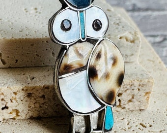 Cute Vintage Native American Zuni Turquoise Jet Sterling Silver Owl Pin/pendant