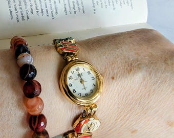 Orologio vintage Jennie B con bracciale e ciondolo natalizio in smalto - Pezzo da collezione - funzionante!