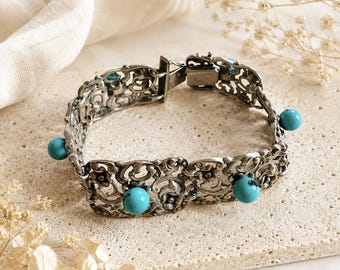 Rare Antique 34g Art Nouveau 835 Silver Bracelet with authentic Turquoise