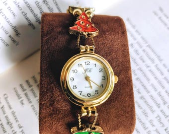 Orologio vintage Jennie B con bracciale e ciondolo natalizio in smalto - Pezzo da collezione - funzionante!