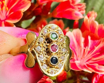 Vintage 18K Gold Mother's Ring: Diamond, Sapphire, Ruby, Emerald (US Size 7.6)