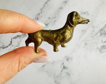 Vintage Miniature Brass Dachshund Figurine, Wiener Dog Sculpture