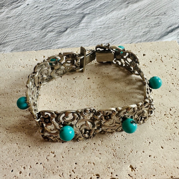 Rare Antique 34g Art Nouveau 835 Silver Bracelet w authentic Persian Turquoise