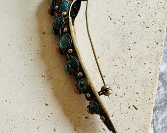 Broche Vintage Chinoise En Vermeil Filigrané - Motifs Shou, Corail, Turquoise