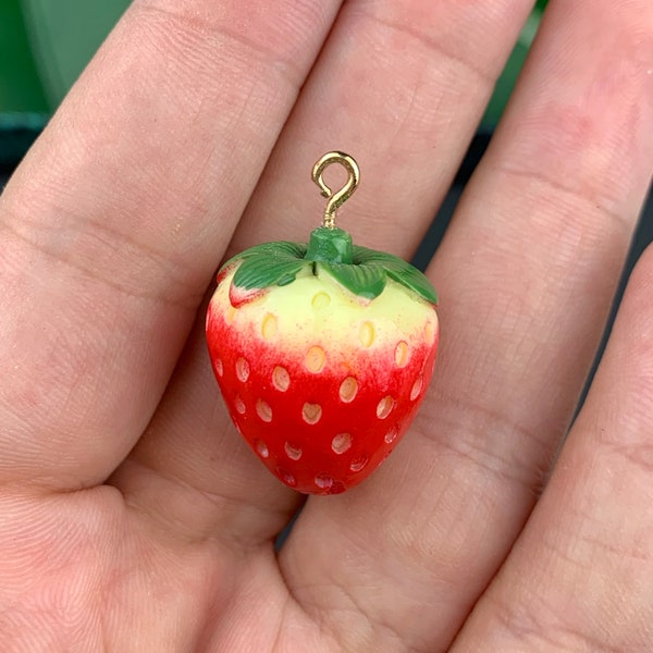 2 Strawberry Charms Resin Gold Plated Hole - 3D - Enamel Fruit Pendant - ASG041