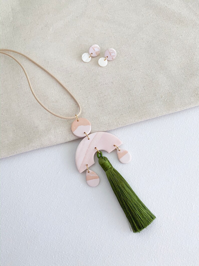 Long Rose Gold White Ruby Handmade Jewellery Light Pink Marble Necklace Statement Necklace Polymer Clay Necklace Once Refined