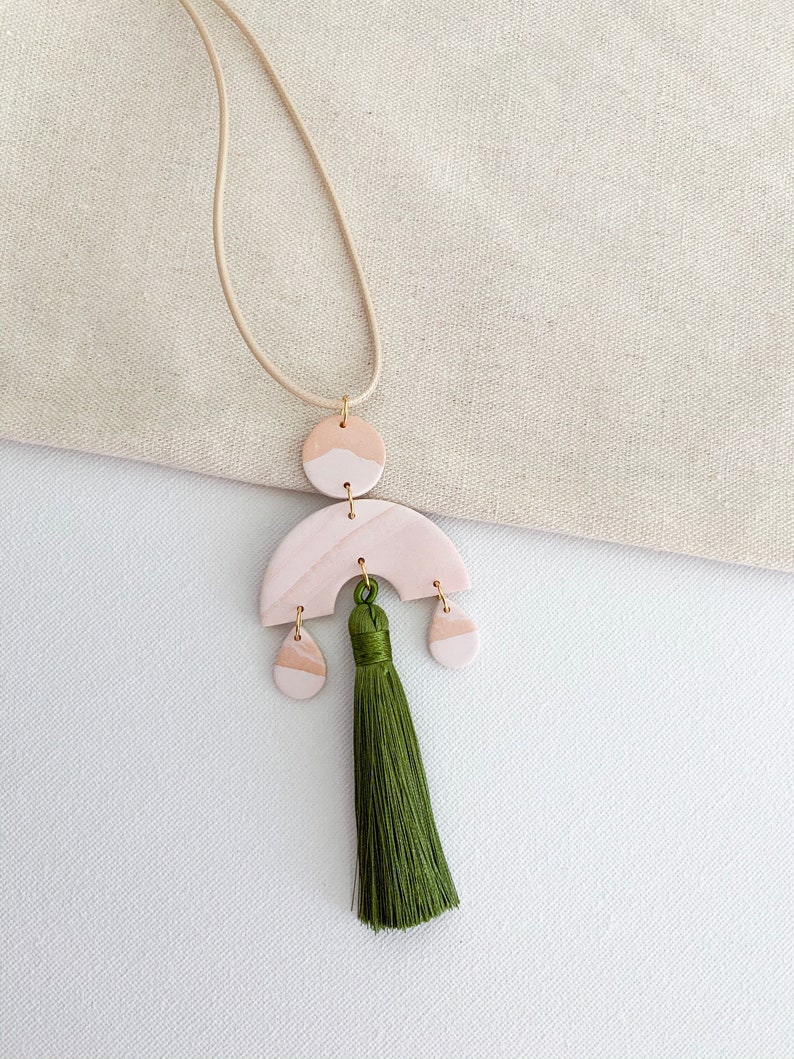 Long Rose Gold White Ruby Handmade Jewellery Light Pink Marble Necklace Statement Necklace Polymer Clay Necklace Once Refined