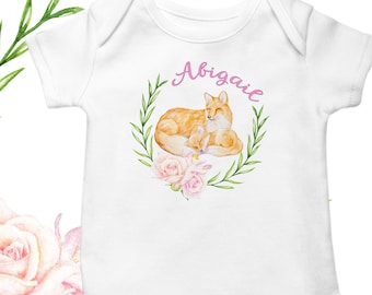 Personalized Fox family Onesie®. Baby girl one-piece bodysuit with fox and watercolor rose, Fox Baby Shower Gift, Boho fox baby outfit