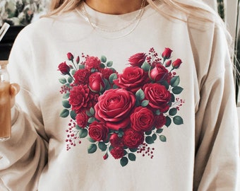 Red Roses Heart Valentine's Day Sweatshirt Gift, Striking Romantic Red Roses Botanical Art Heart Shirt