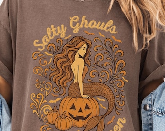 Salty Mermaids Ghouls Halloween Comfort Colors® Shirt, Funny Mermaid Beach Halloween Shirt, Skeleton Mermaid Shirt Spooky Halloween Shirt