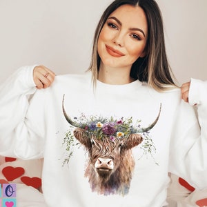 Highland Cow Flower Crown Sweatshirt, Cow Lover Sweatshirt, Highland Cow with Flowers Sweater Country Western Gift for Women