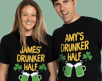 St Patrick's Day Funny Beer Drinking Shirts, Personalized Matching St Patty Couples Shirts Gift, He She Drunker Half T-shirts, Custom Names