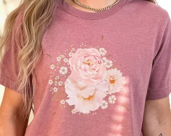 Camisa floral rosa, camiseta Woman Botanical Cottagecore camiseta Fall Pink Rose Autumn Flowers, Cottage Core Shirt, Linda camisa floral de otoño