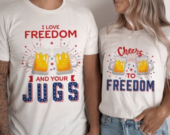 Patriotic Beer Couples 4th of July Shirts, Matching Fourth of July Couple Shirts, Funny Patriotic Husband and Wife Beer Shirts Gift for Him