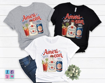 Camiseta americana Sippin' Chill, camiseta de cóctel de tequila y cerveza del 4 de julio, sudadera de fiesta estadounidense, camiseta patriótica para beber