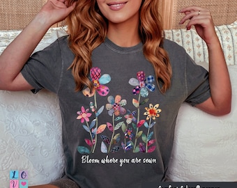 Patchwork Flowers Comfort Colors® Boho Shirt, Fall Quilt Looking Flower Shirt,  Quilted Look Flowers T-Shirt Birthday Gift for Sewing Lovers
